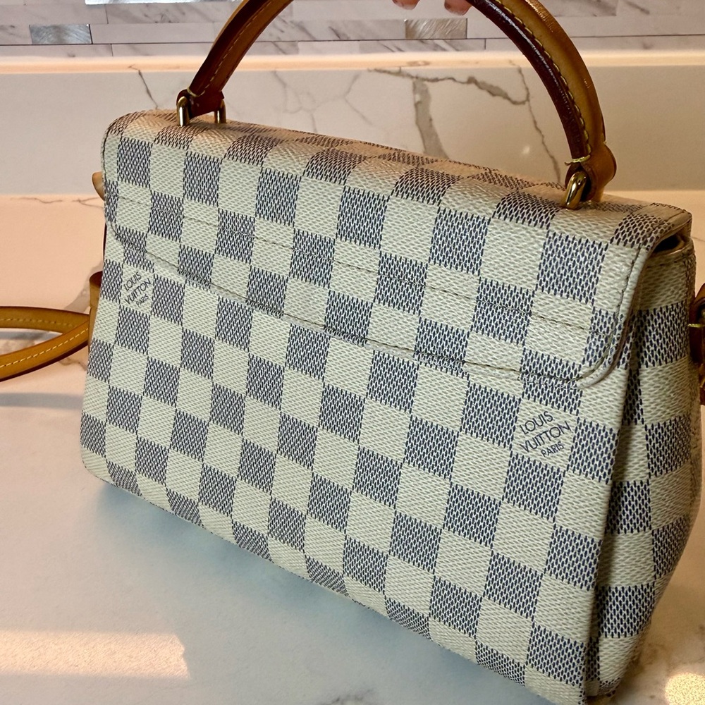 Top-Handle Checkerboard Satchel Bag in Beige and Tan - Picture 13 of 13